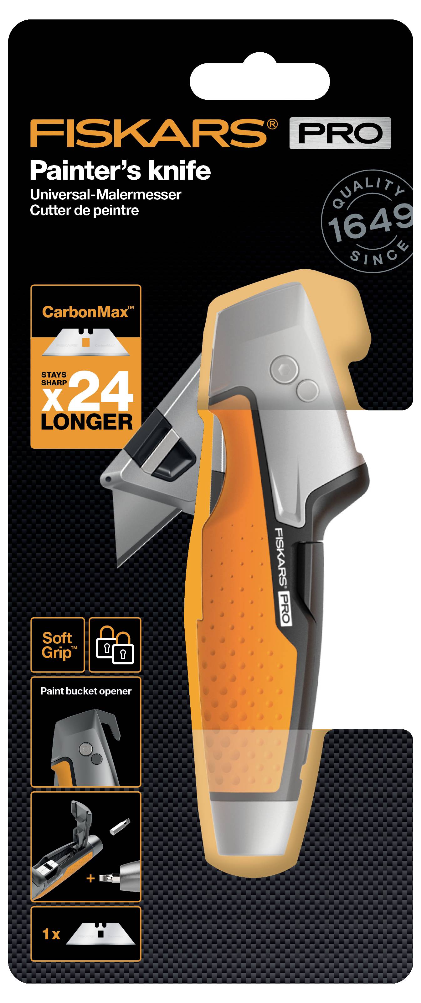Fiskars PRO Malerkniv i orange emballage, med CarbonMax-klinge, 24 gange længere holdbarhed, blødt greb.