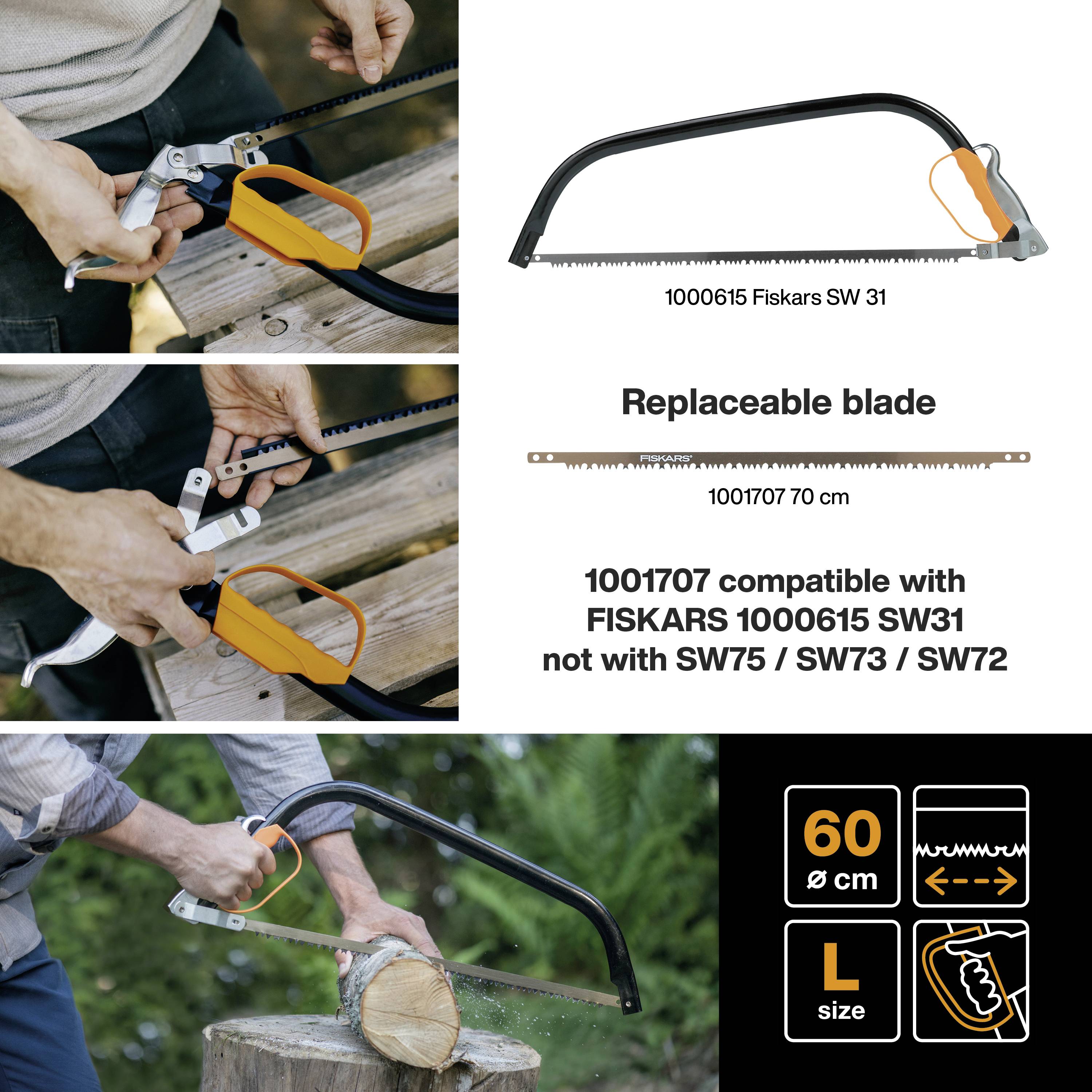 Savklinge med 100 cm længde, kompatibel med Fiskars modellerne 1000615 og SW31. Højeste kvalitet til præcis træskæring.