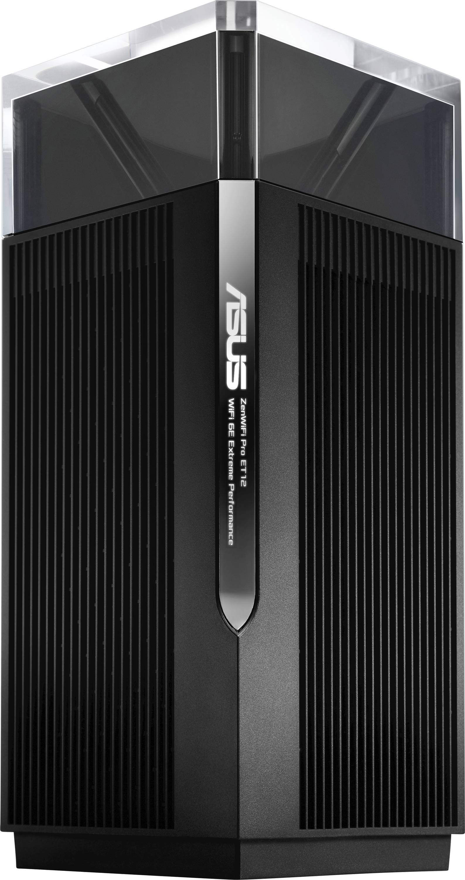 Sort ASUS router med lodret design og ventilationsåbninger, sølvfarvet logo og skrift, moderne teknologi til trådløse netværk.