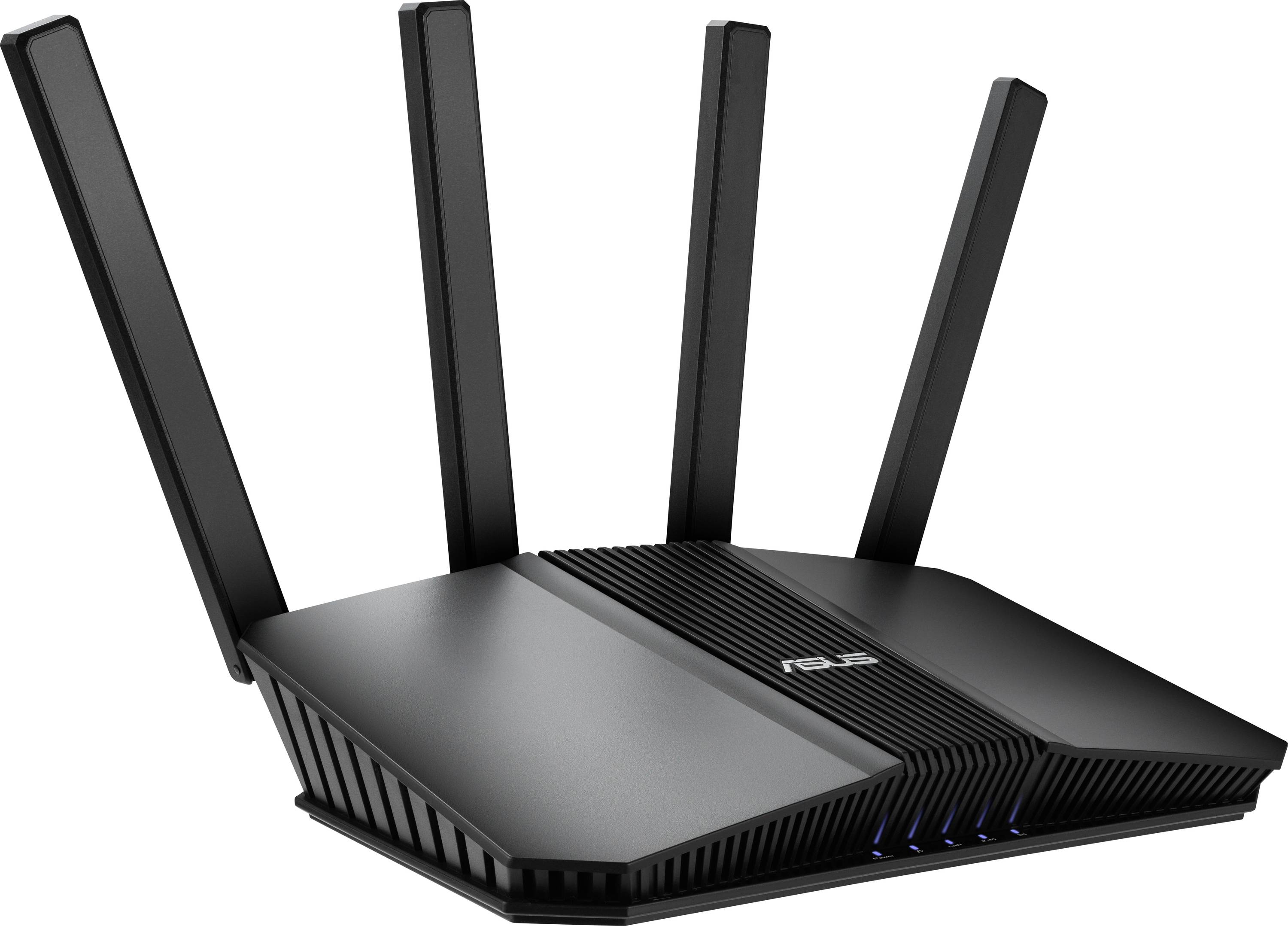 En sort WLAN-router med fire vertikale antennes. Enheden er egnet til hurtig internetforbindelse via trådløse netværk.
