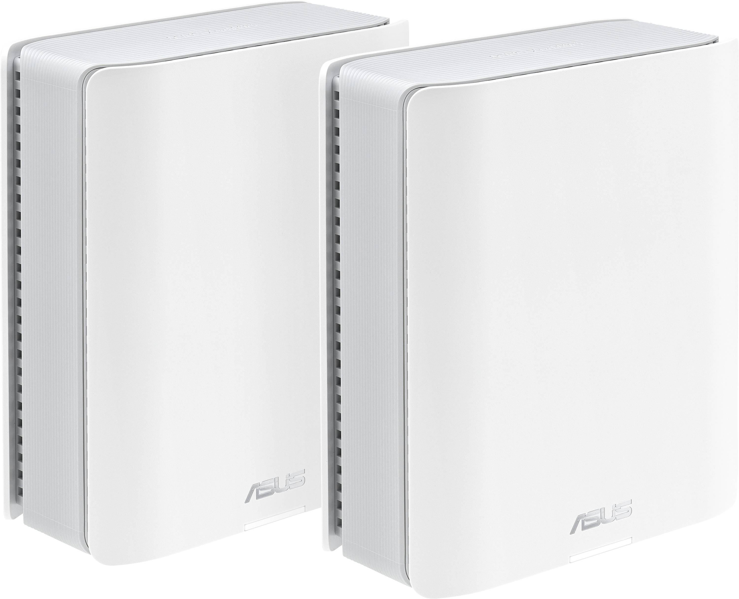 To ASUS WLAN-routere i hvid farve, placeret ved siden af hinanden, til forbedring af hjemmenetværket.