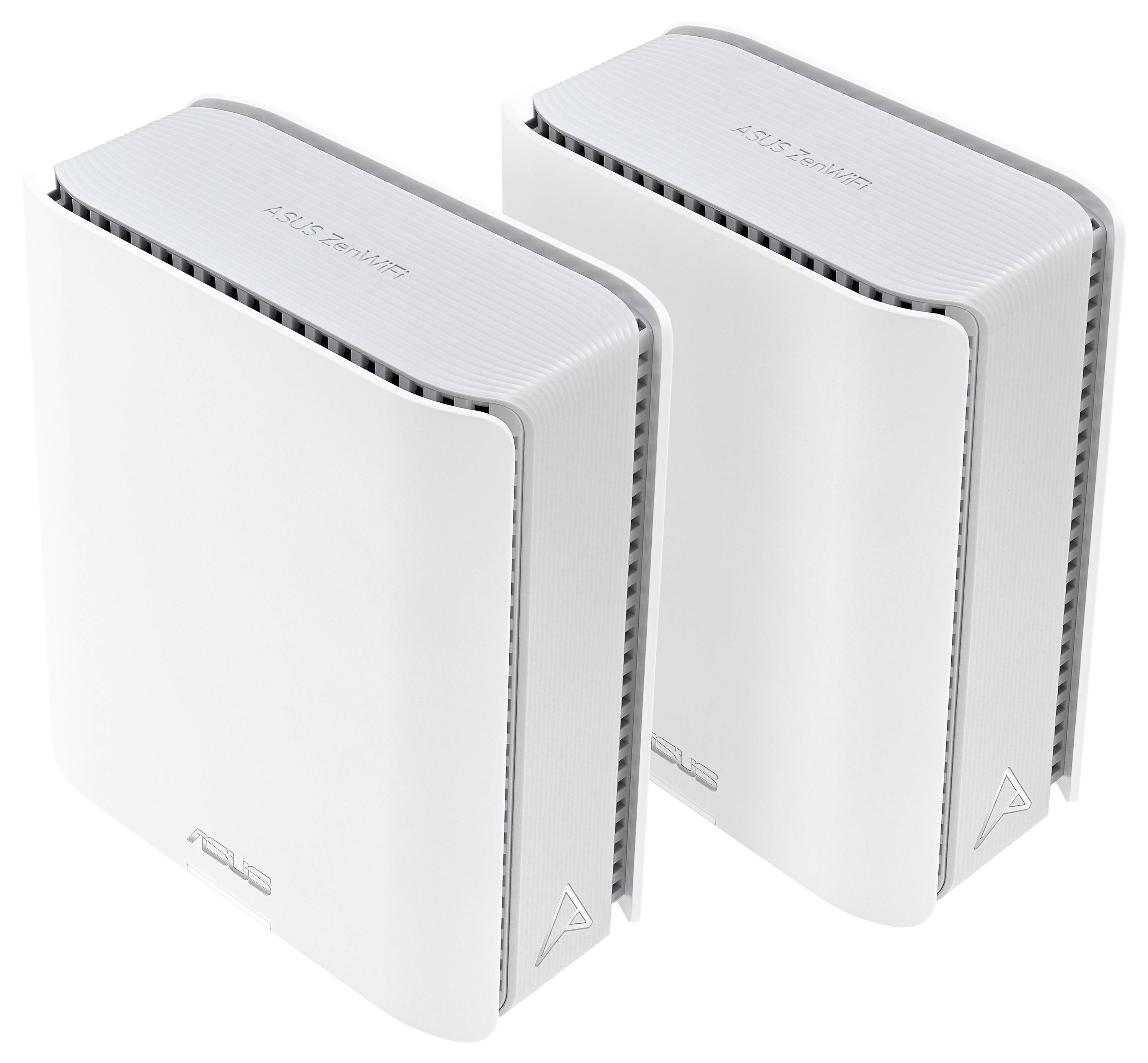 To udvendige hvide, rektangulære ASUS routere placeret ved siden af hinanden, med ventilationshuller på siderne, på en hvid baggrund.