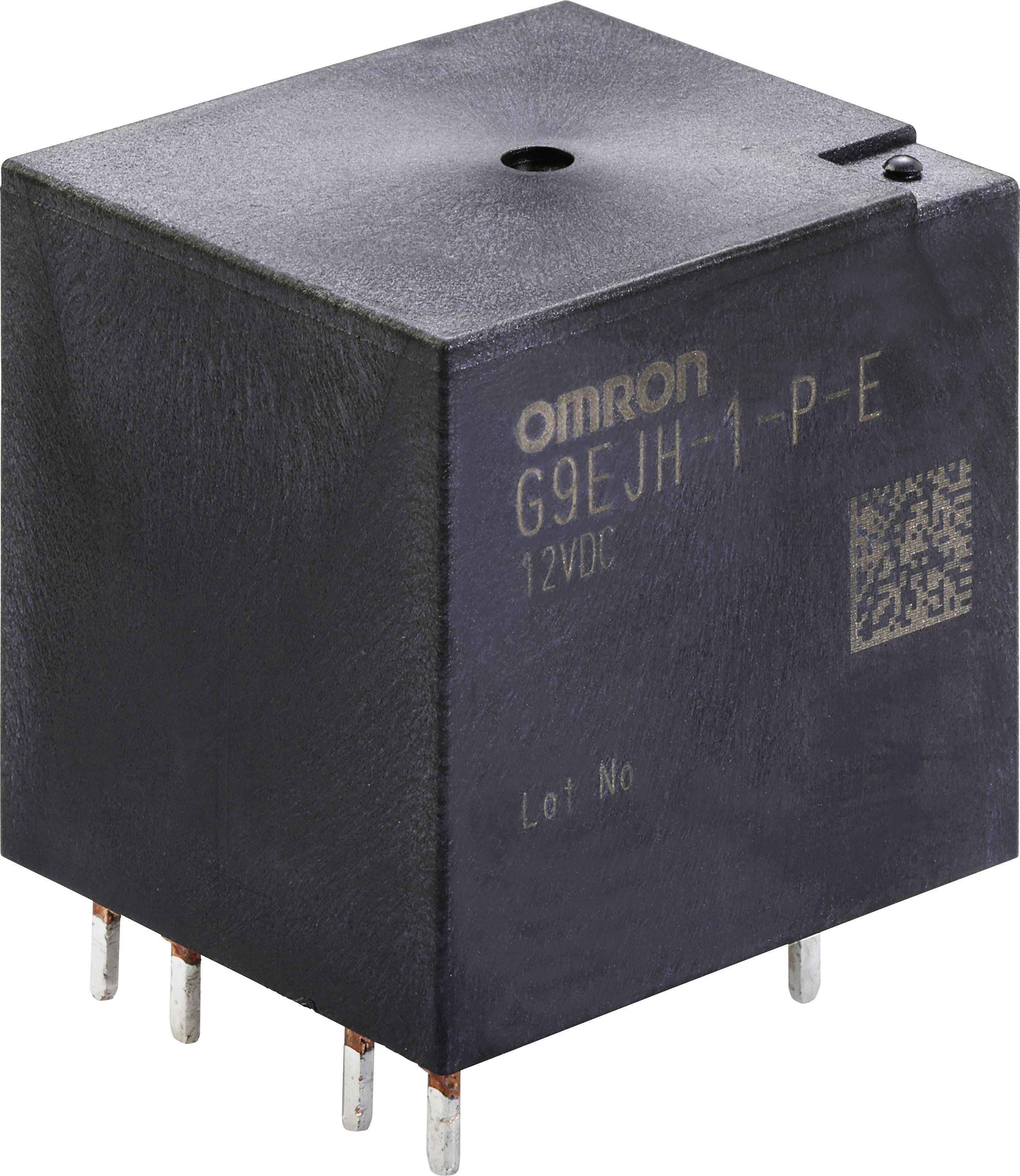 Rektangulær elektrisk komponent med påskriften 'OMRON G9EJH-1-P-E 12VDC'. Seks metalliske tilslutninger på undersiden.