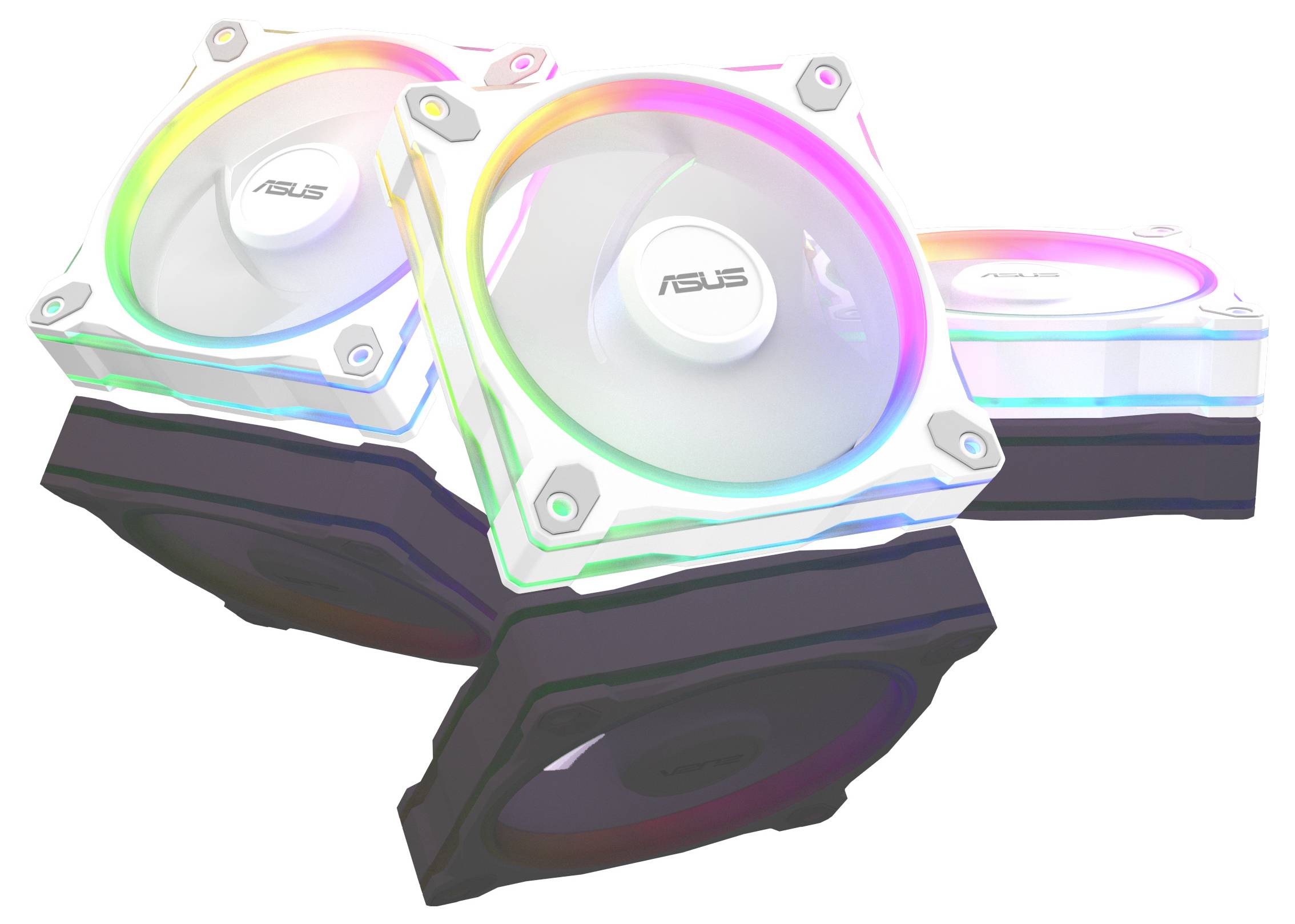 Tre ASUS RGB-computerkøleblæsere, der lyser med multifarvet lys, placeret i en dynamisk, overlappende komposition.