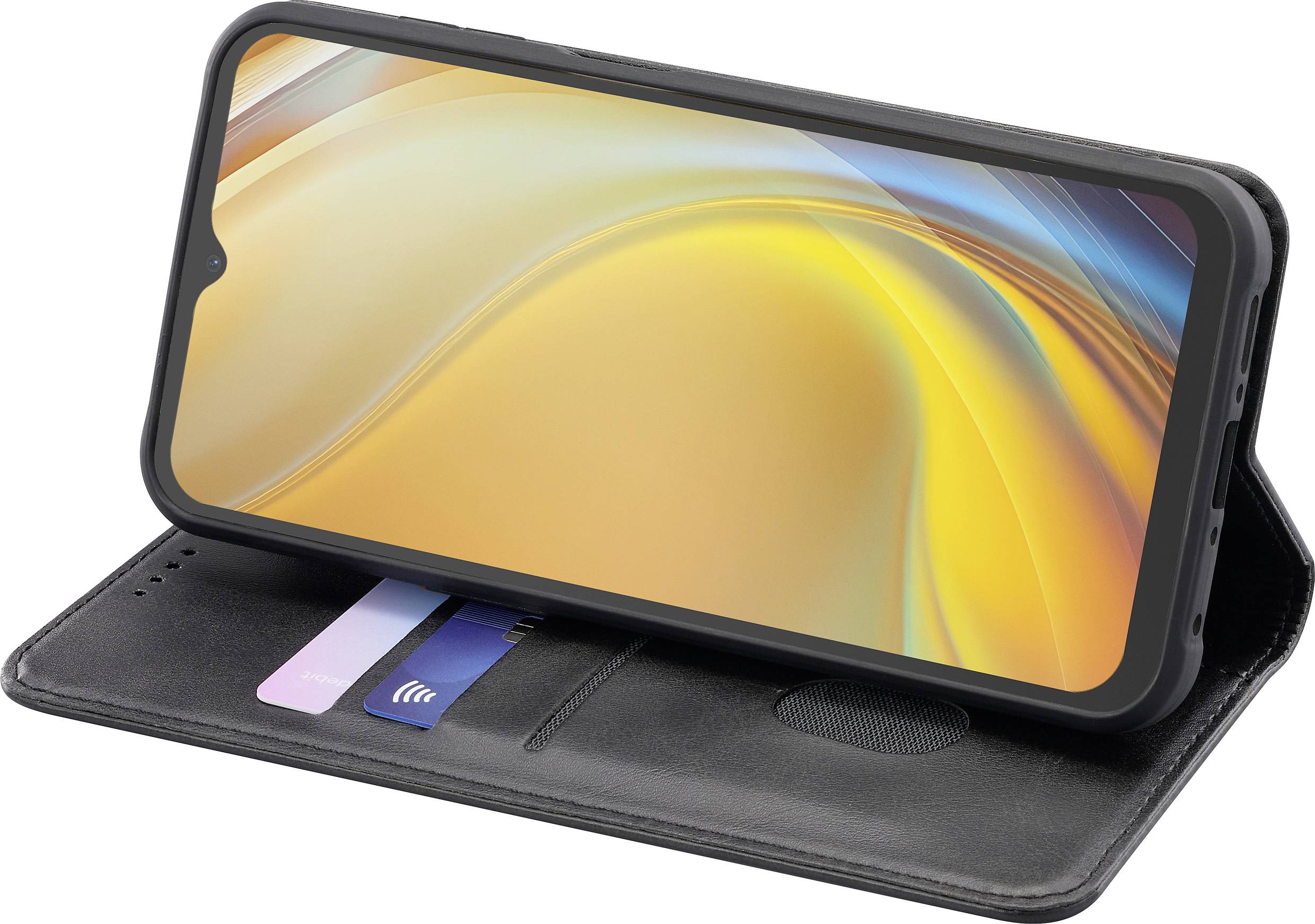 Smartphone i en sort pung-lignende etui med plads til kort, der viser en levende, abstrakt baggrund med gule og orange svirler.
