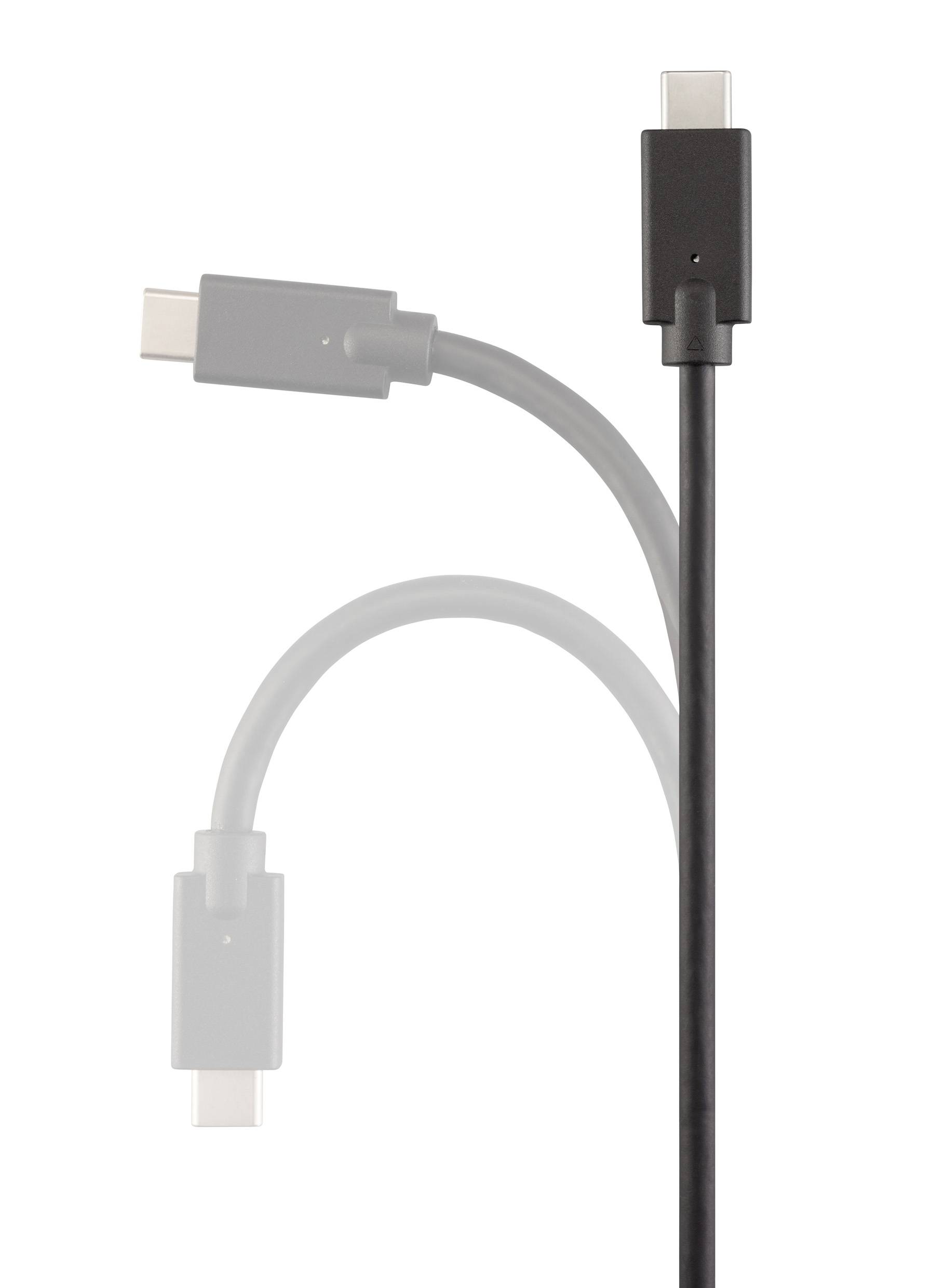 Sort USB-C kabel med fleksibel, slidstærk kappe, der tillader bøjning uden skade, vist i tre positioner: lige, halvbøjet, fuldt bøjet.