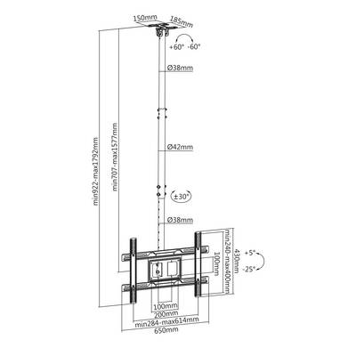 Et diagram, der viser justerbare loftholderdimensioner til et TV: højde 707-1792 mm, vinkelindstillinger fra +60 til -60 grader og +30 til -30 grader.