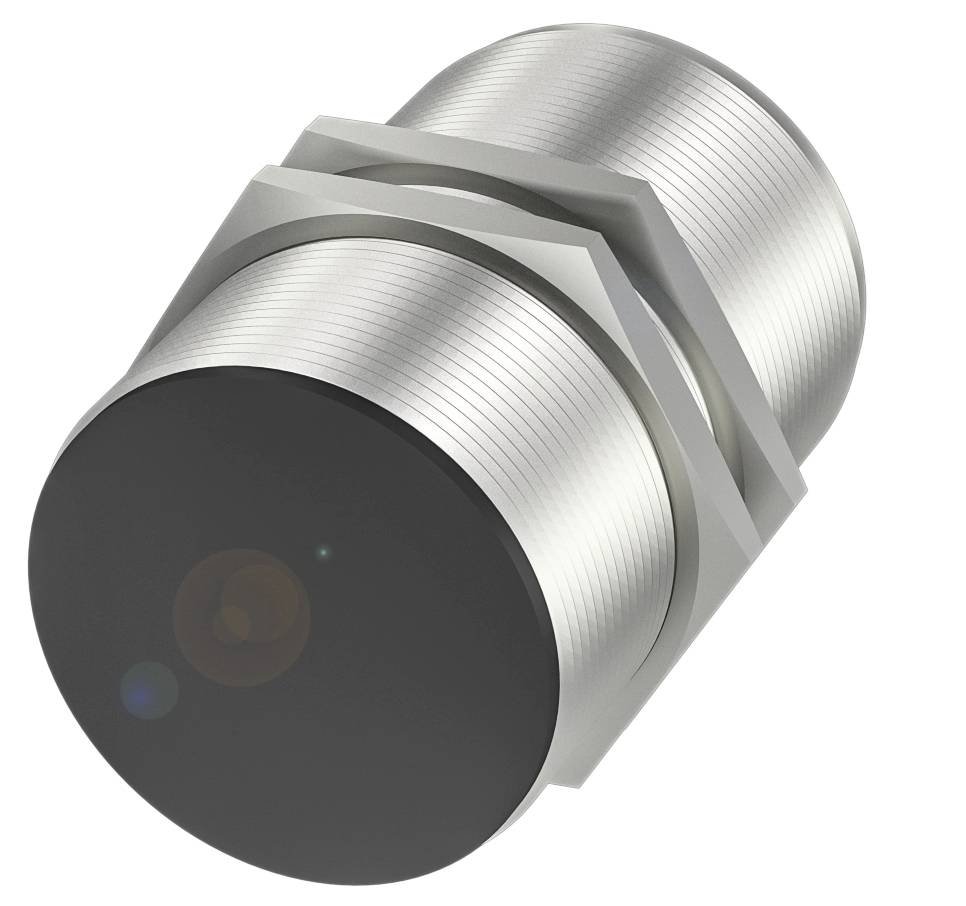 Cylindrisk metal-induktiv sensor med sorte endehætter, sidevisning, til præcis positionsregistrering i automatiseringssystemer.