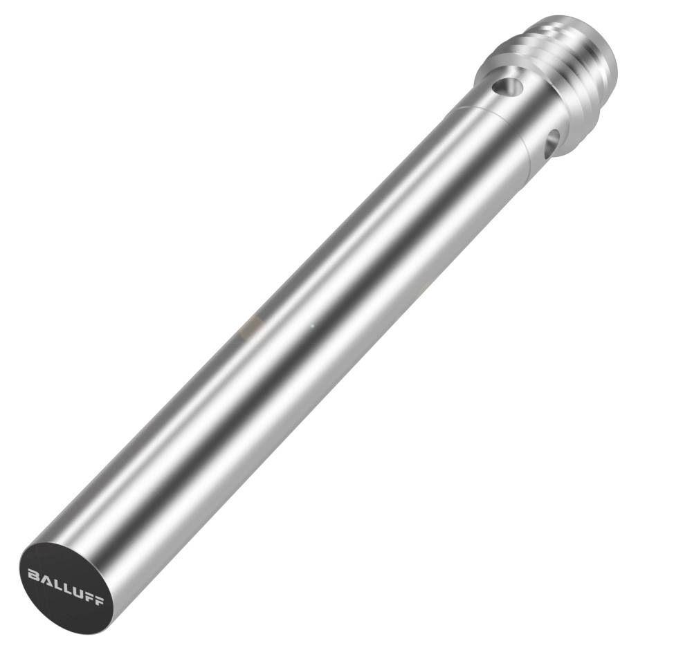En cylindrisk, metallisk Balluff-sensor, blank og sølvfarvet, med glat overflade og forsænket spids.