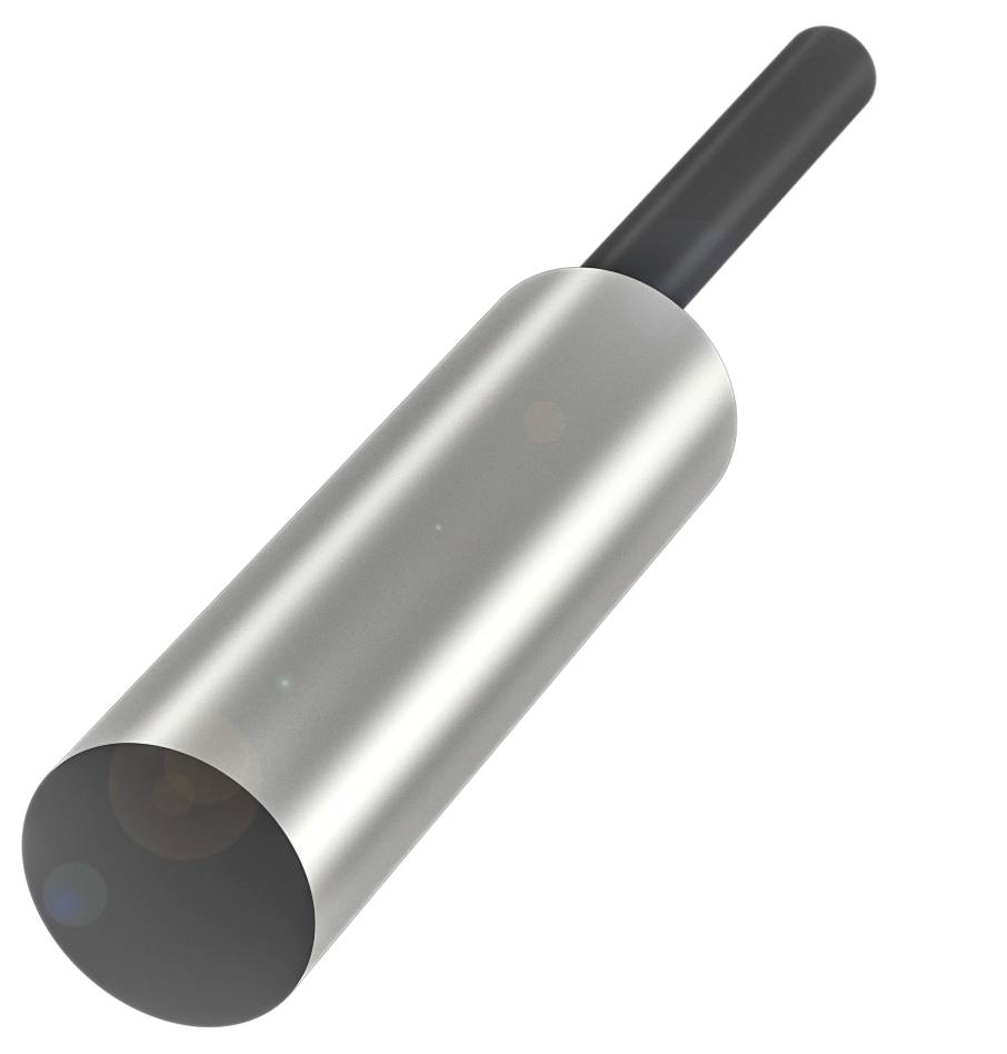 Et cylindrisk metalobjekt med et sort håndtag, muligvis et køkkenredskab som en kagerulle eller lignende.