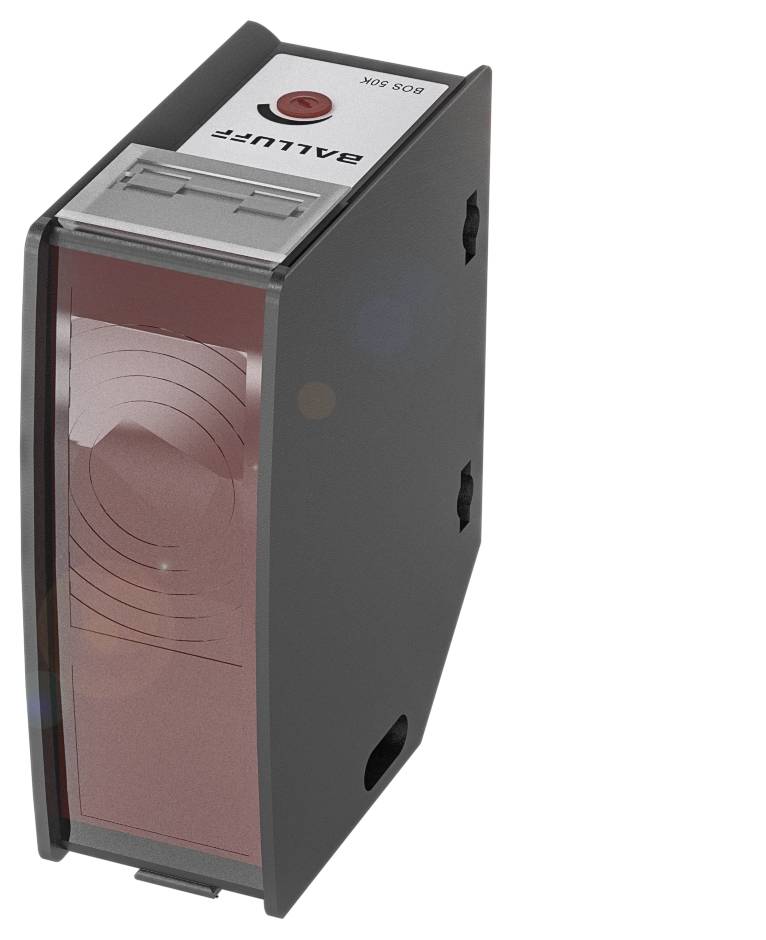 En rektangulær optoelektronisk sensor i et sort hus med rød frontlinse og firmalogo på oversiden.