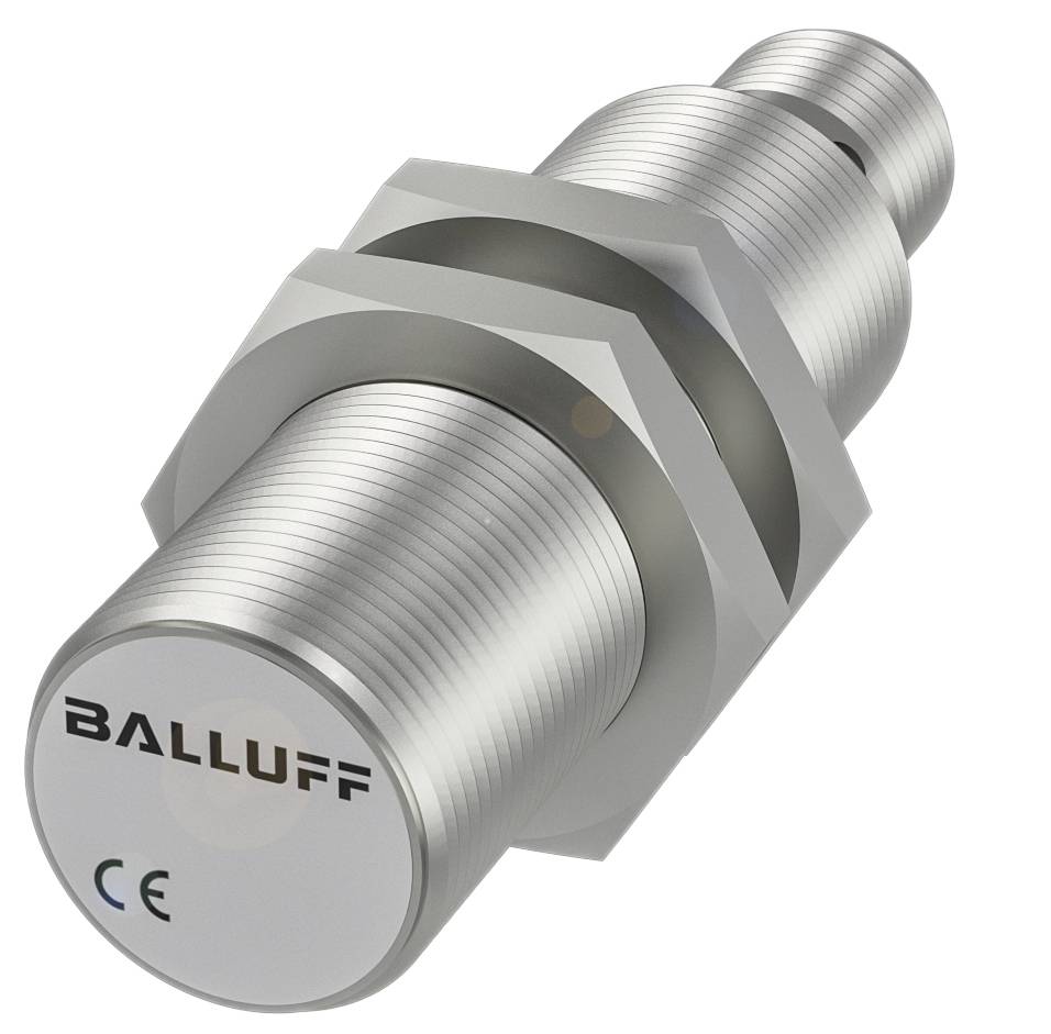Cylindrisk, metallisk sensor med gevind og mærkning 'BALLUFF'. Egnet til industrielle anvendelser. CE-mærke synligt.
