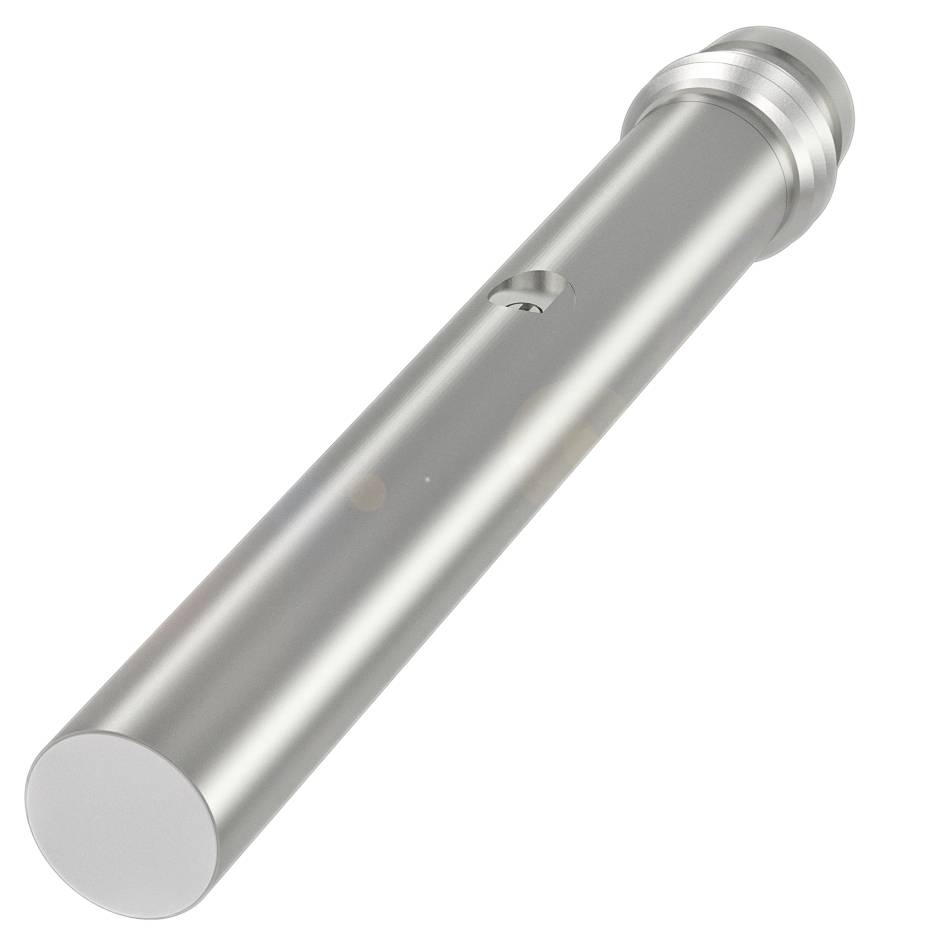 Sølvfarvet, cylindrisk metalrør med en lille udsparing i midten og afrundet ende.