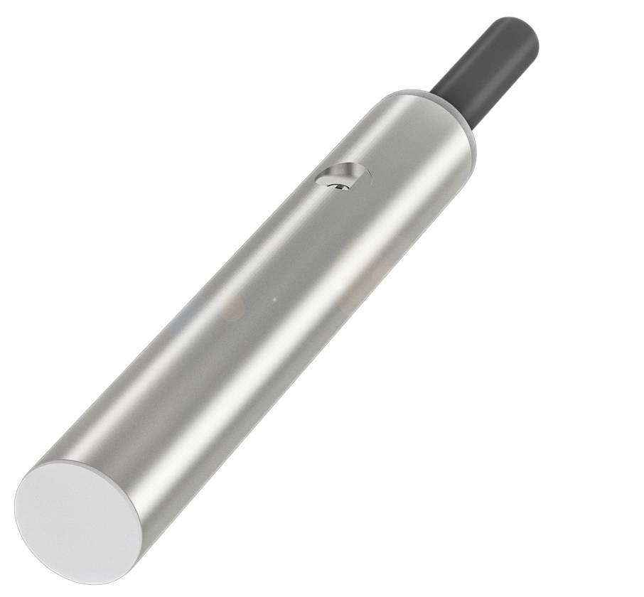 En metallisk vape-pen med sort mundstykke, sideschalter og enkel, cylindrisk form.