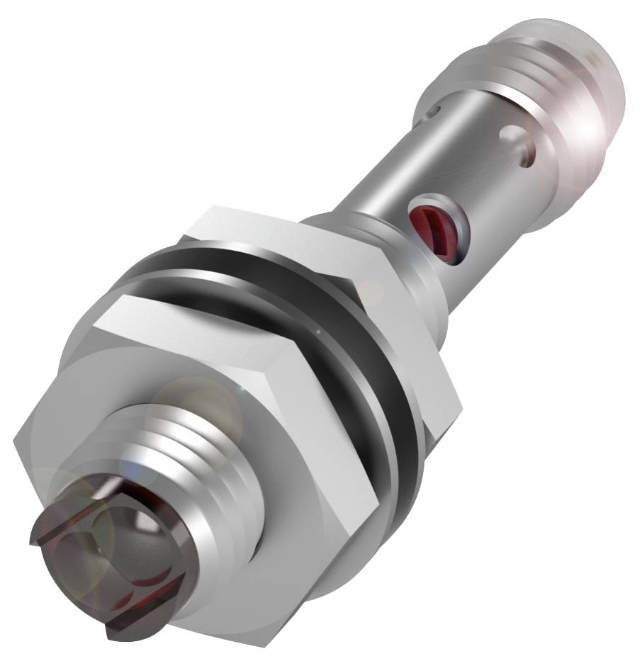 Et sølvfarvet, cylindrisk metaldel med sekskantmøtrik og runde fordybninger, muligvis en hydraulisk ventil.