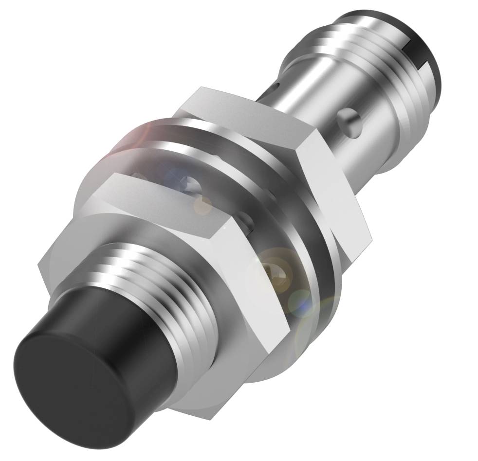 Cylindrisk metalkegle med sort spids og gevind, muligvis en maskindel eller sensor.