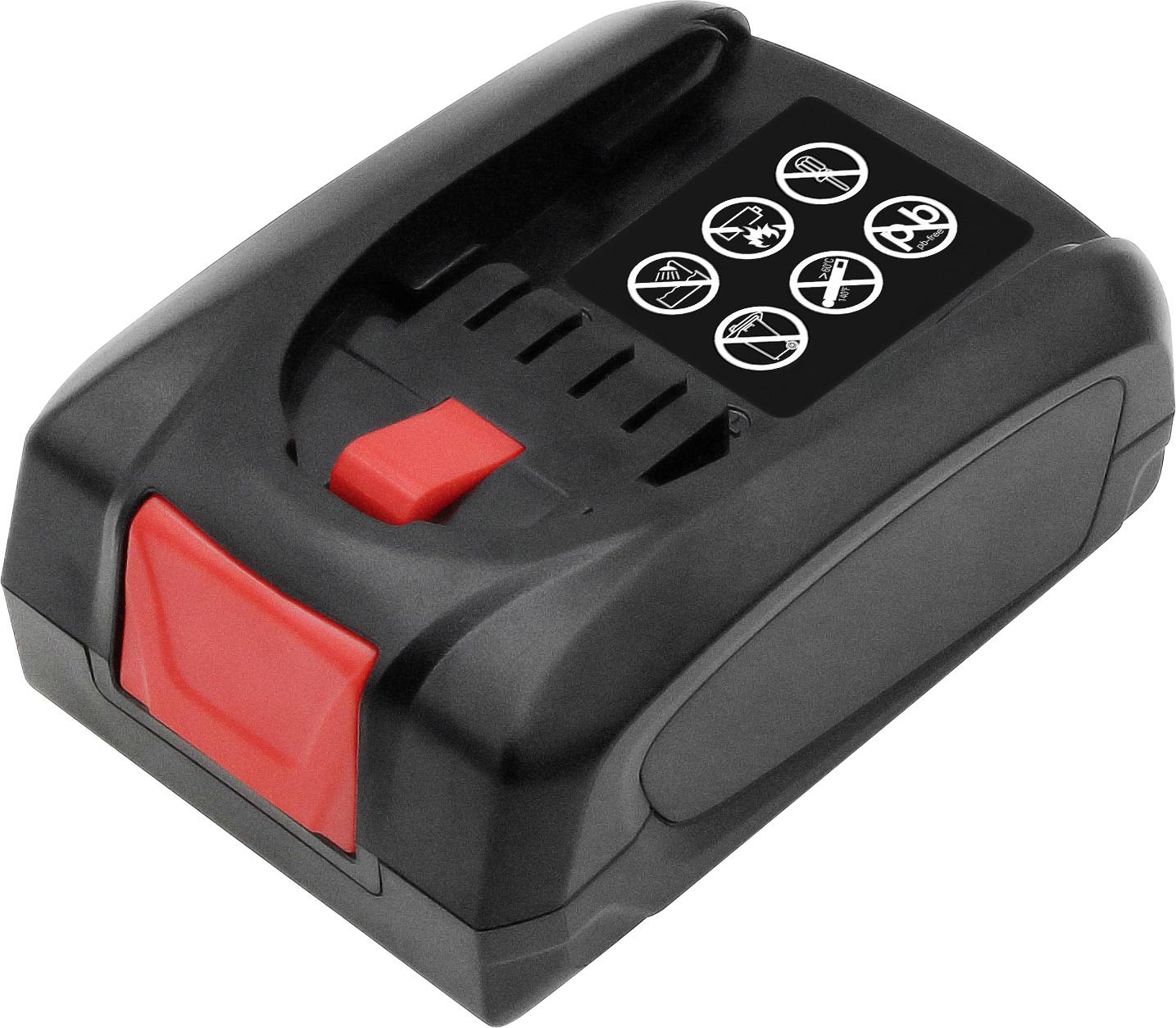 Sort batteripakke med rødt lukke. På oversiden findes seks symboler, der repræsenterer vigtige sikkerheds- og brugsanvisninger.