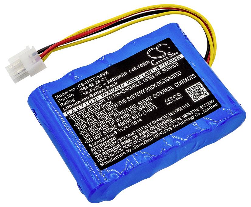 Blå lithium-ion batteri med sort etiket. Markeringer indeholder modelnummer, kapacitet og forsigtighedsregler ved brug.