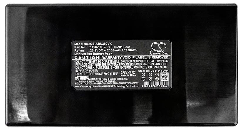 Sort lithium-ion-batteri med hvidt mærkat, hvorpå tekniske data som modelnummer 'CS-ABL300VX', og advarsler.