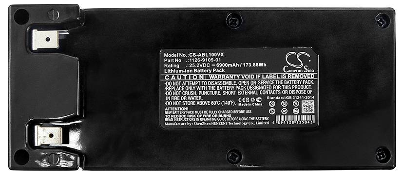 'Batteri fra Cameron Sino, model CS-ABL108VX, 25,2V, 6900mAh, 173,88Wh. Advarsler om åbning og bortskaffelse på etiketten.'