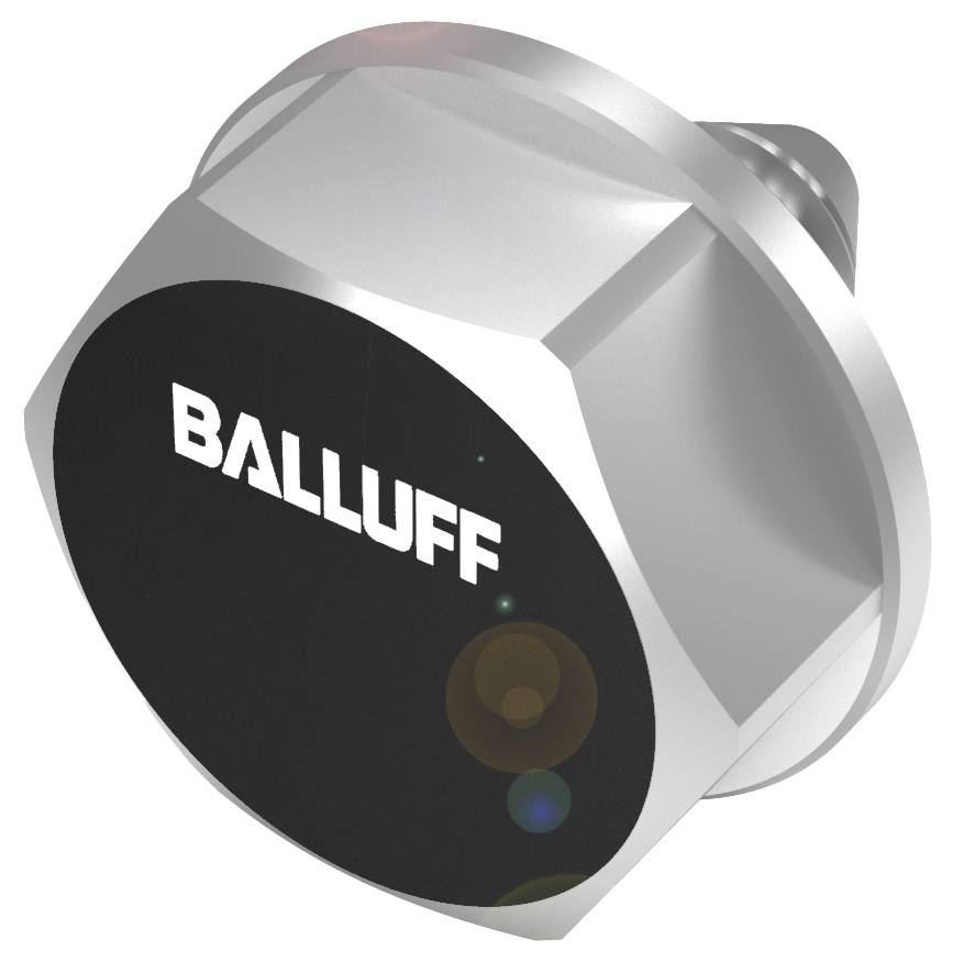 En rund metal-sensor fra Balluff med en sort forside. Sensoren er tilsyneladende beregnet til industrielle anvendelser.