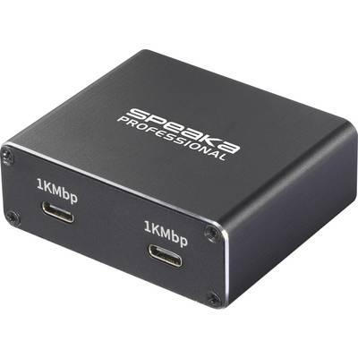 En sort 'Speaka Professional' adapter med to '1KMbP' USB-C-porte på den ene side, designet til høj hastigheds datatransmission.