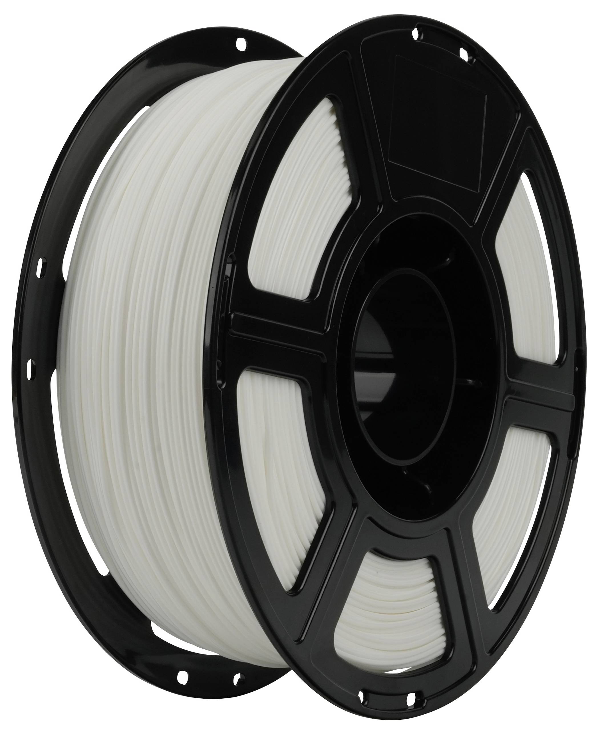 En rulle hvid 3D-printningsfilament på en sort spole, stående lodret.