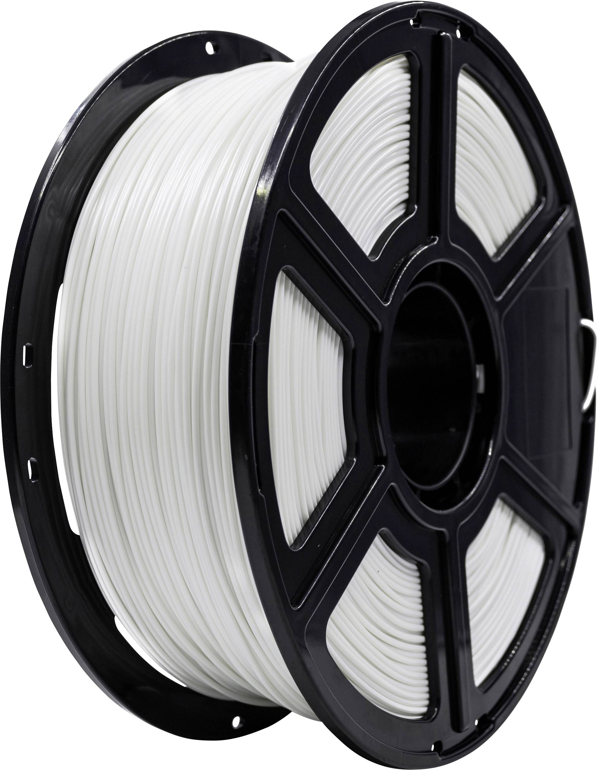 En rulle hvid 3D-printningsfilament pænt oprullet på en sort spoler, bruges til additiv fremstillingsproces.