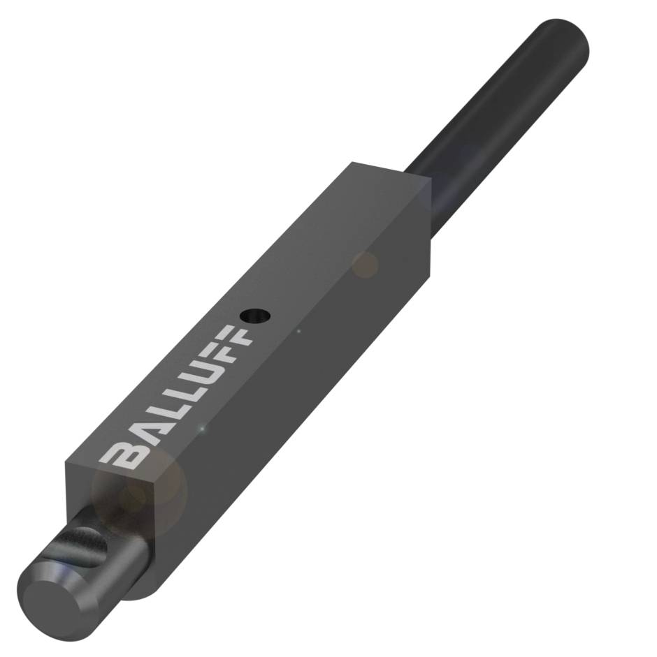 En rektangulær, sort sensor med påskriften 'BALLUFF', som har et cylindrisk tilslutning.