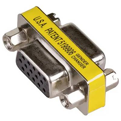 Metallisk VGA-kønskifter med gult mærkat, mærket med 'U.S.A. Patent 5199906 Gender Changer', til tilpasning af stik.