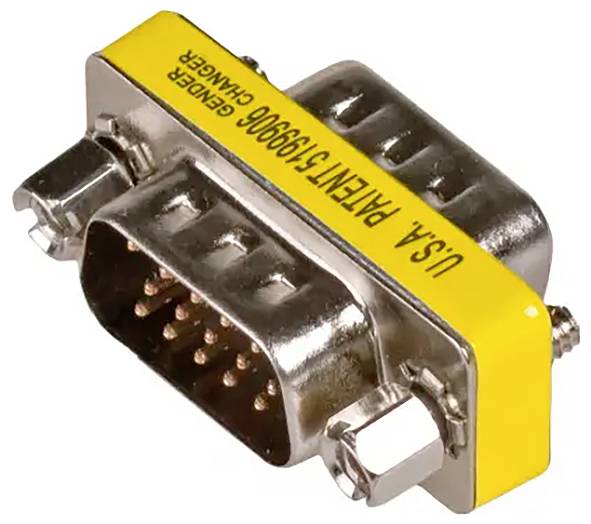 En gul gender changer adapter med 9-polet D-Sub-tilslutning, hvorpå der står 'U.S. PATENT 5199906 GENDER CHANGER'.