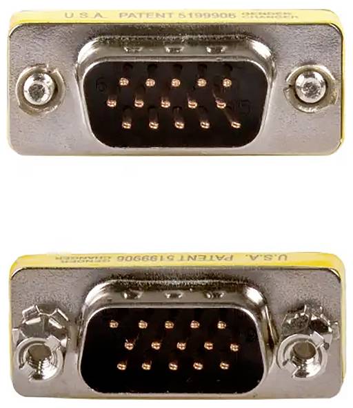 To D-Sub-stik med hver 9 pins, et øverst og et nederst, på hvid baggrund. De er typiske for serielle forbindelser.
