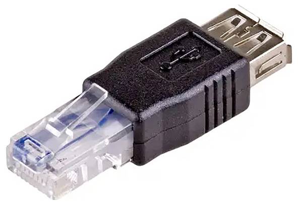 En sort og metal-adapter med USB-stik og RJ45-stik, brugt til at tilslutte USB-enheder til Ethernet-porte.