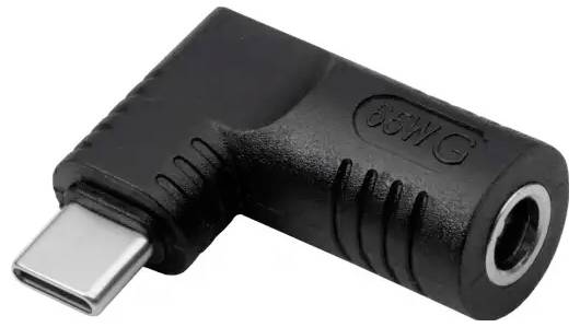 En sort, vinkelret adapter fra USB-C til 3,5 mm jackstik, egnet til lydforbindelser.