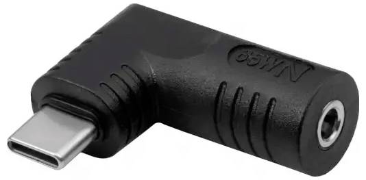 En L-formet adapter med USB-C-stik og 3,5 mm jackstik, mest brugt til hovedtelefontilslutninger på USB-C-enheder.