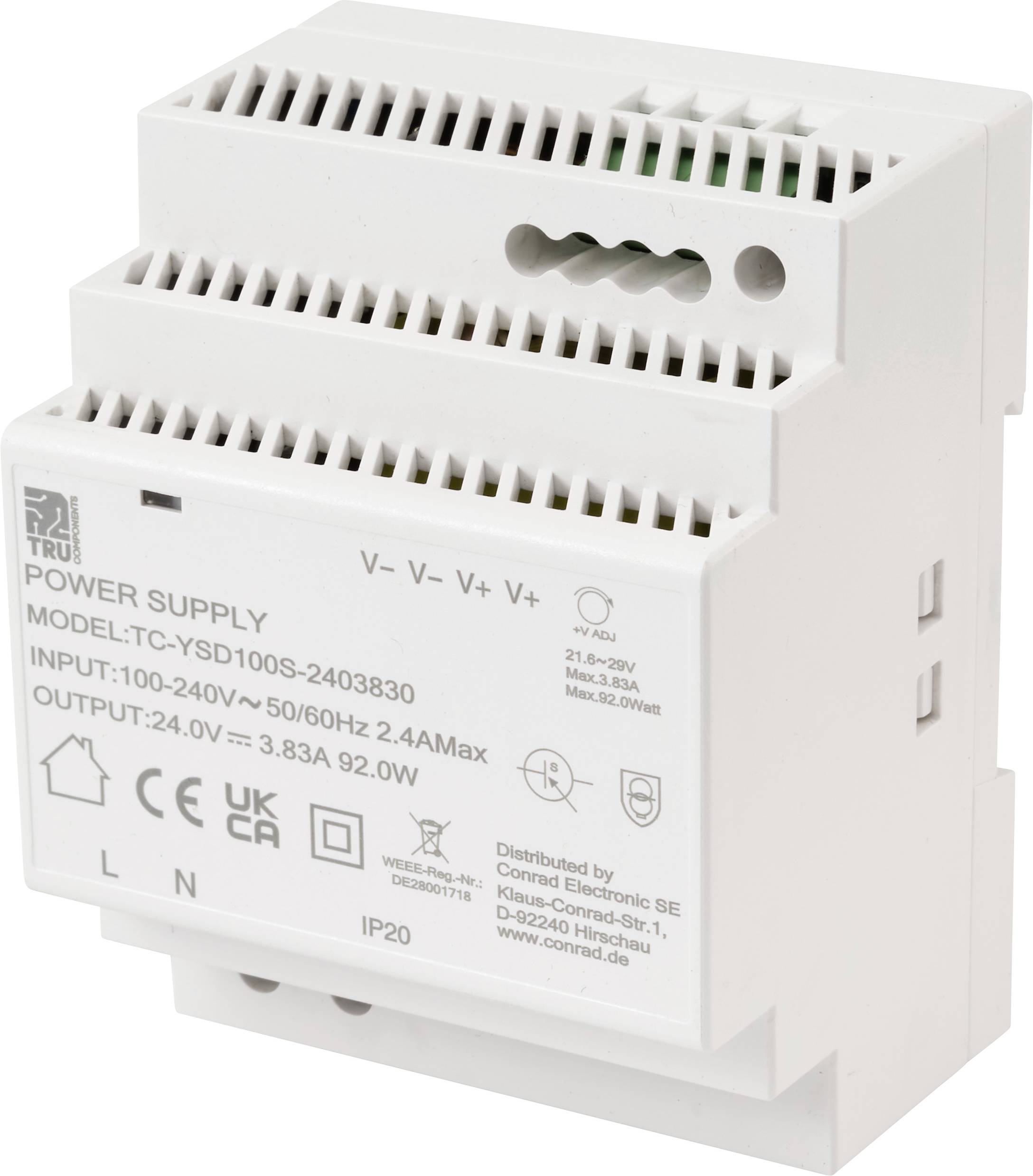 'Strømforsyning' enhed, model TC-YSD100S-2403830, indgang 100-240V, udgang 24V, 3,83A. Hvidt kabinet med tekniske symboler og etiketter.