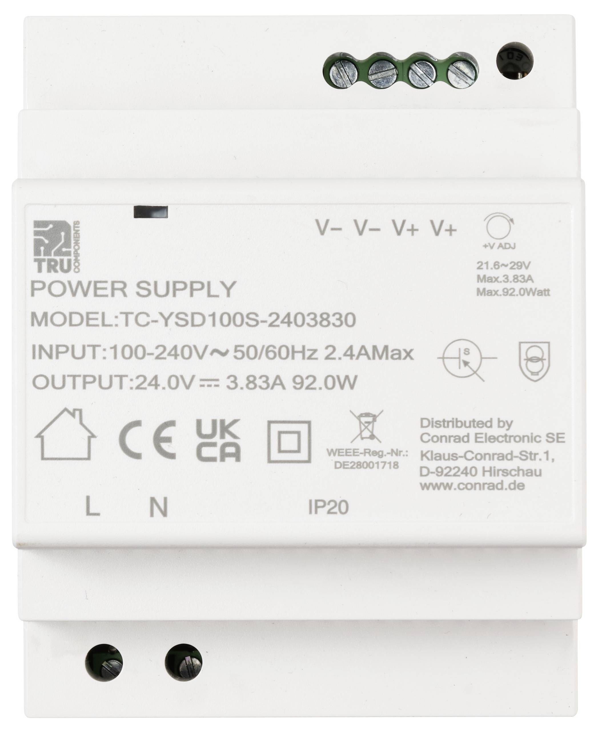 En elektronisk strømforsyningsenhed med model 'TC-YSD100S-2403830', indgang 100-240V, udgang 24,0V, maks. strøm 3,83A, 92W.