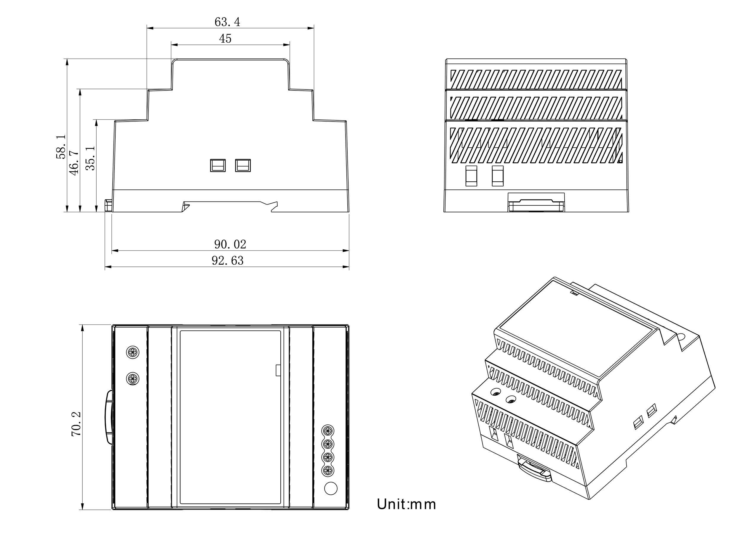 Teknisk diagram over elektronisk enhed med front-, side- og perspektivvisninger, der viser dimensioner i millimeter.