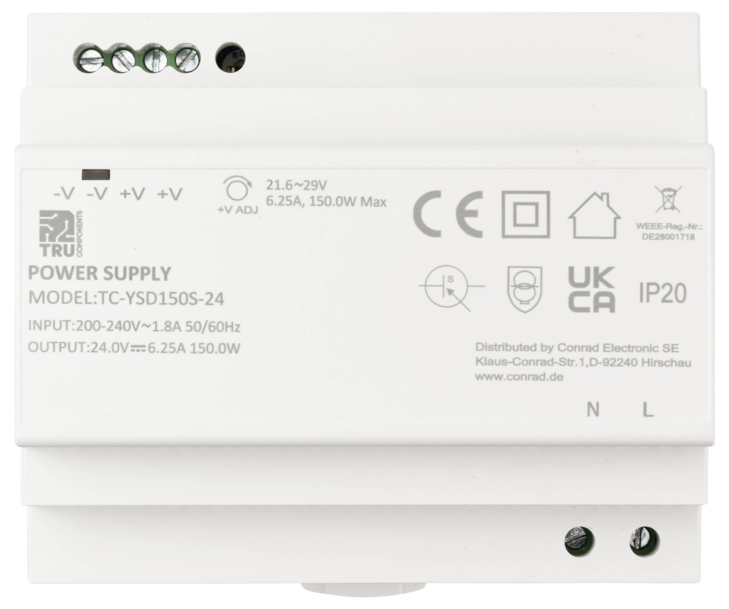 Forfra visning af en hvid strømforsyningsmodel TC-YSD15OS-24, som viser input- og outputspecifikationer, producentoplysninger og certificeringslogoer.