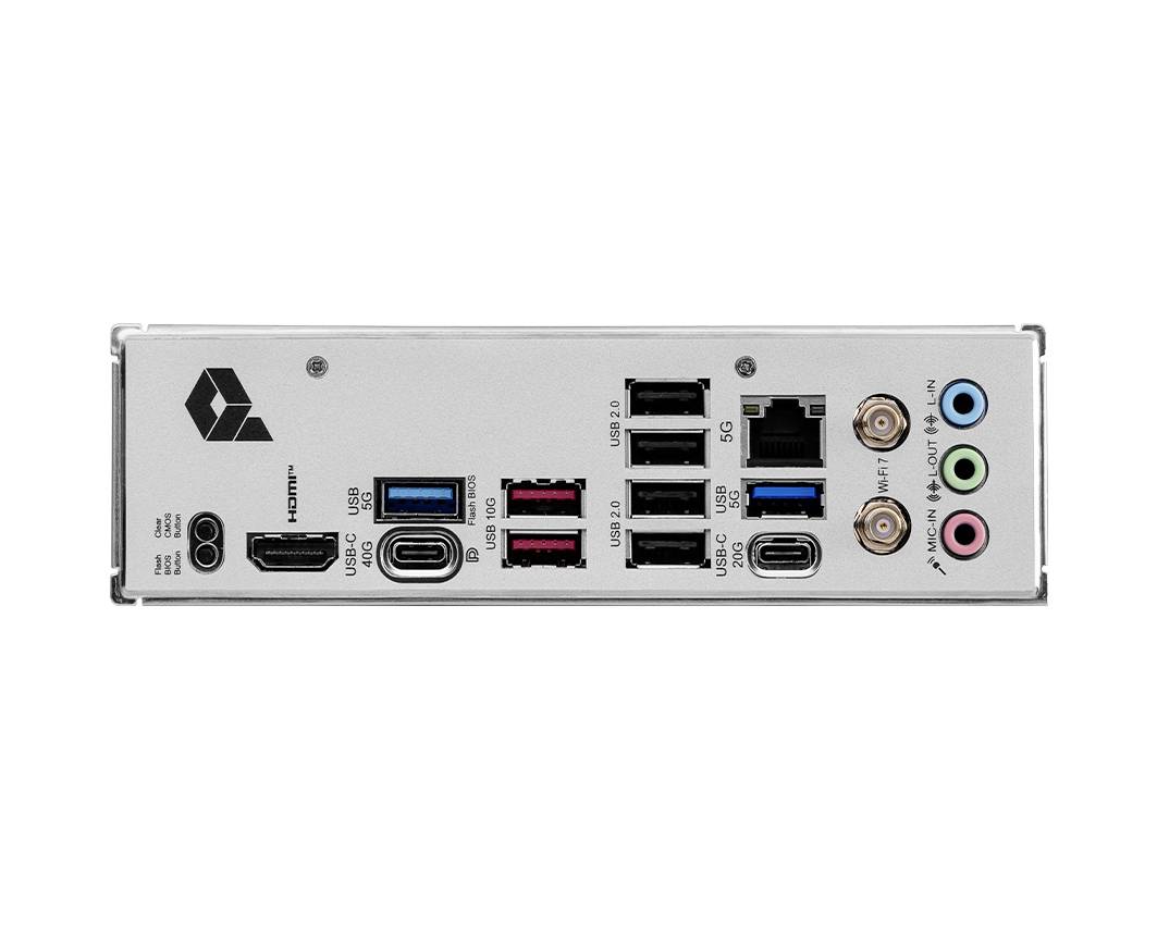 Bagside af et bundkort med talrige tilslutninger, herunder USB-porte, HDMI, Ethernet og lydtilslutninger.