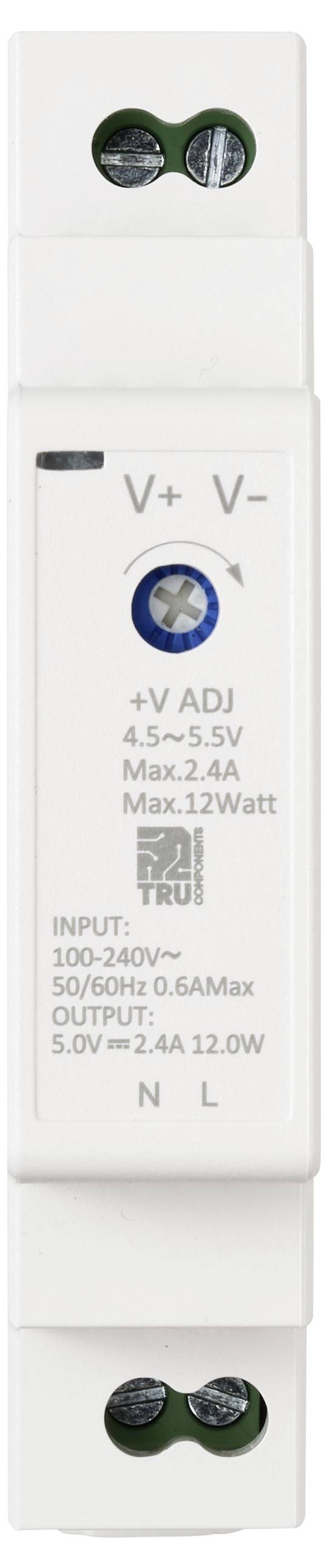 Hvid elektrisk enhed mærket med indgang 100-240V, udgang 5,0V 2,4A 12,0W og spændingsjustering 4,5-5,5V. Designet til strømregulering.