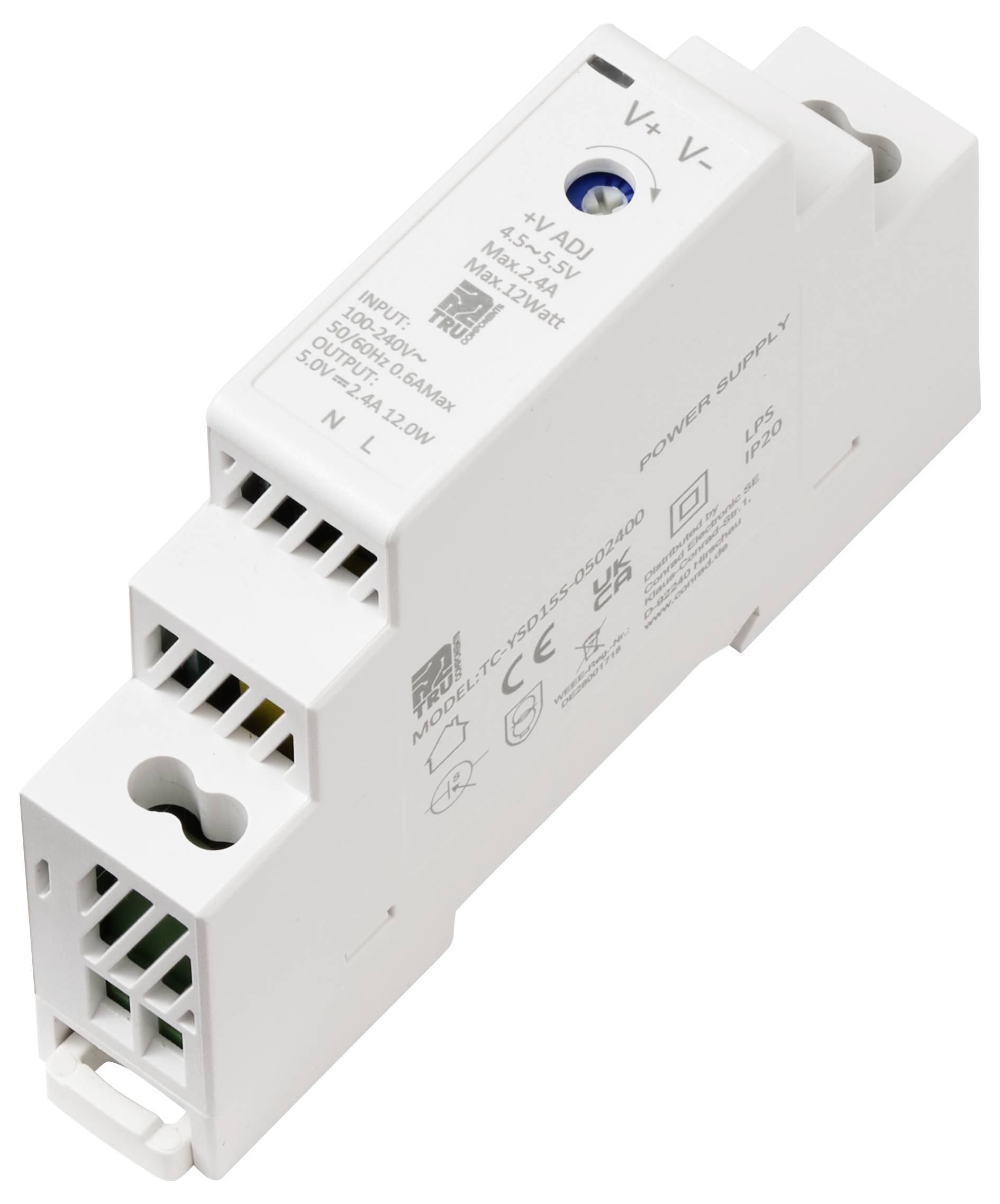 Et hvidt elektronisk strømforsyningsmodul med mærkede ind- og udgange, herunder V+, V-, N og L, designet til montering på DIN-skinne.