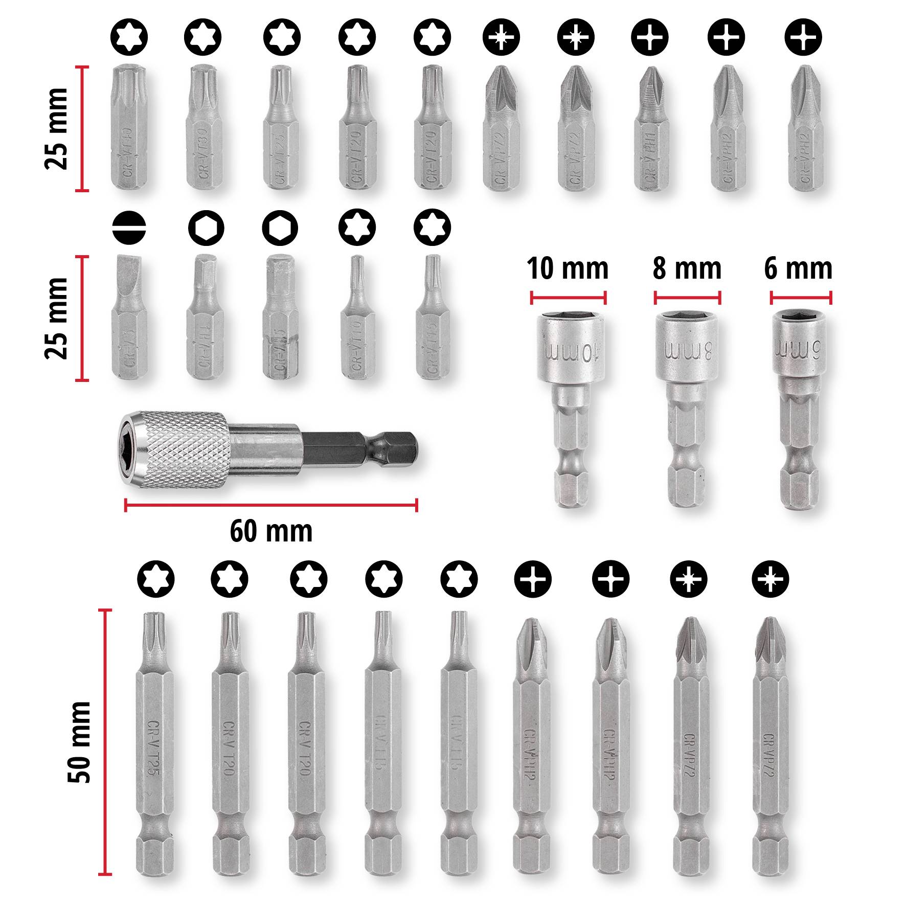 Bit-sæt med forskellige bits: stjerne-, krydsslids- og slids-bits. Størrelser: 25 mm, 50 mm og møtrikker: 10 mm, 8 mm, 6 mm.
