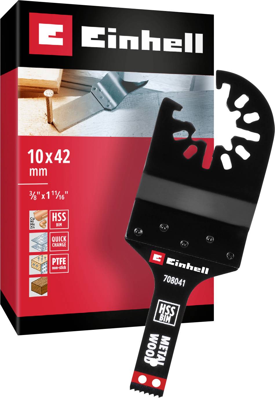 Et savblad fra Einhell til træ og metal, størrelse 10x42 mm, pakket i en rød-sort æske med produktbillede.