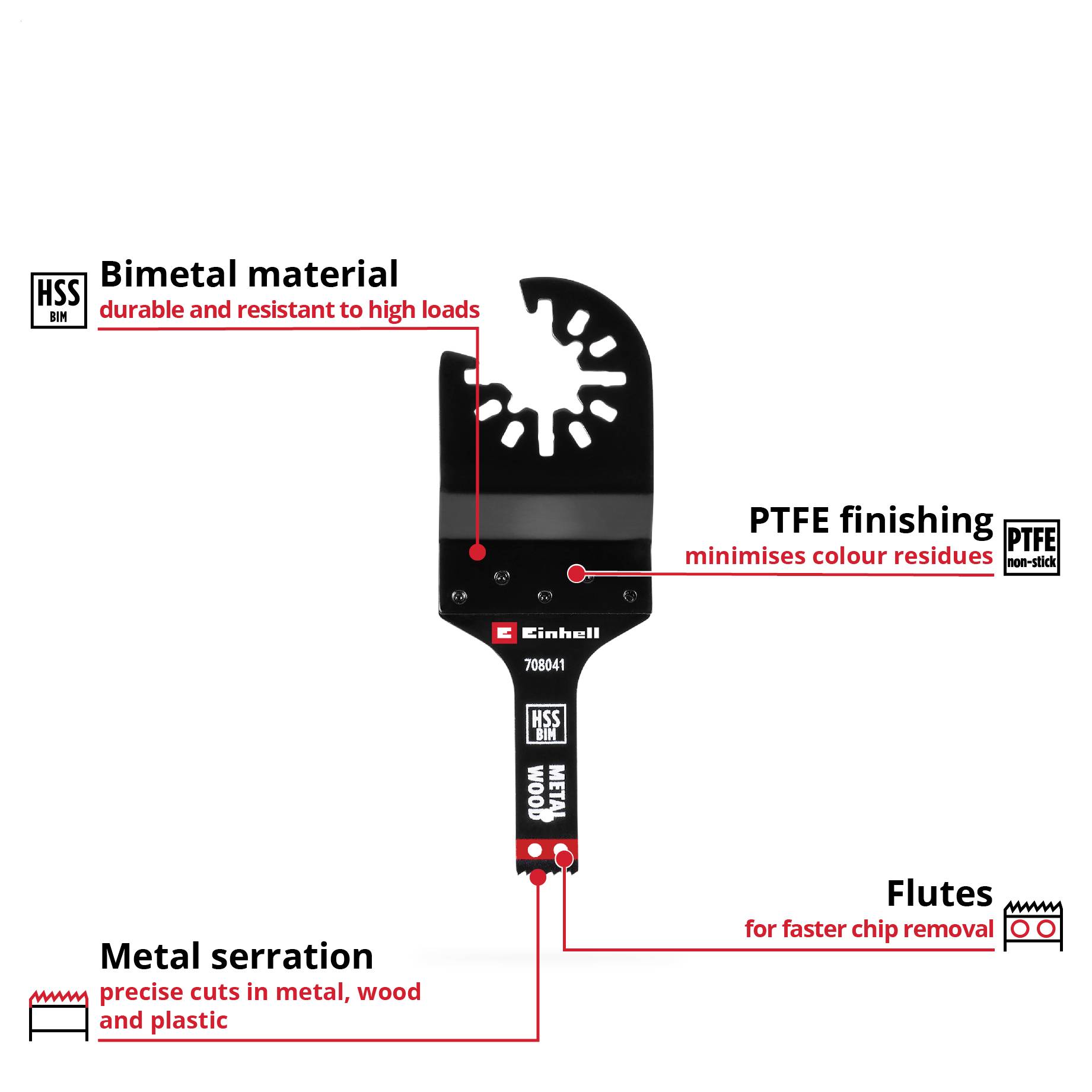 Einhell værktøjsblad af bimetal til præcise snit i metal, træ og kunststof. PTFE-finishing reducerer farveaflejringer.