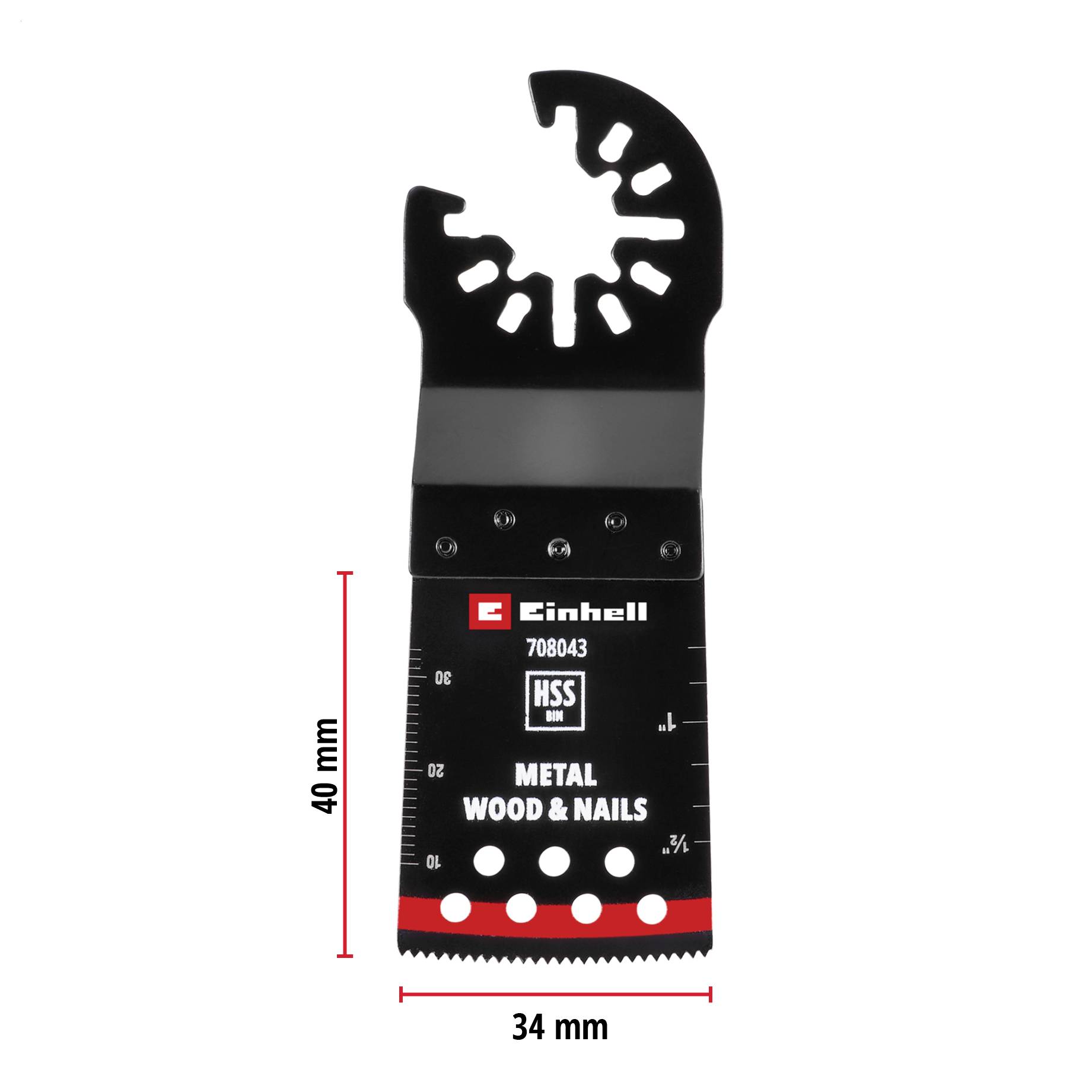 Saveblade-tilbehør fra Einhell, model 708043, egnet til metal, træ og søm, mål: 40 mm x 34 mm.