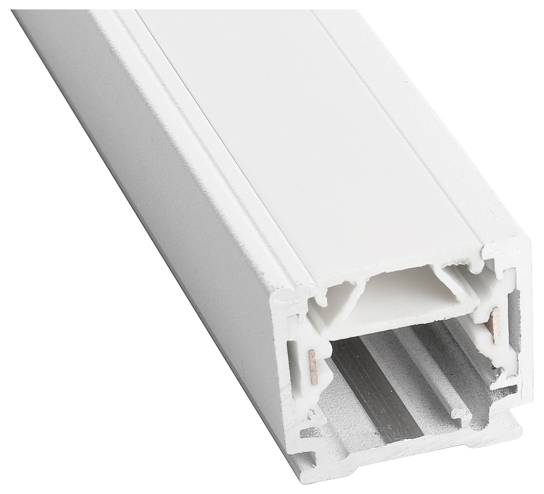 Et hvidt, rektangulært aluminiumprofil med åbne ender, anvendt til LED-strip montering eller lignende byggeapplikationer.