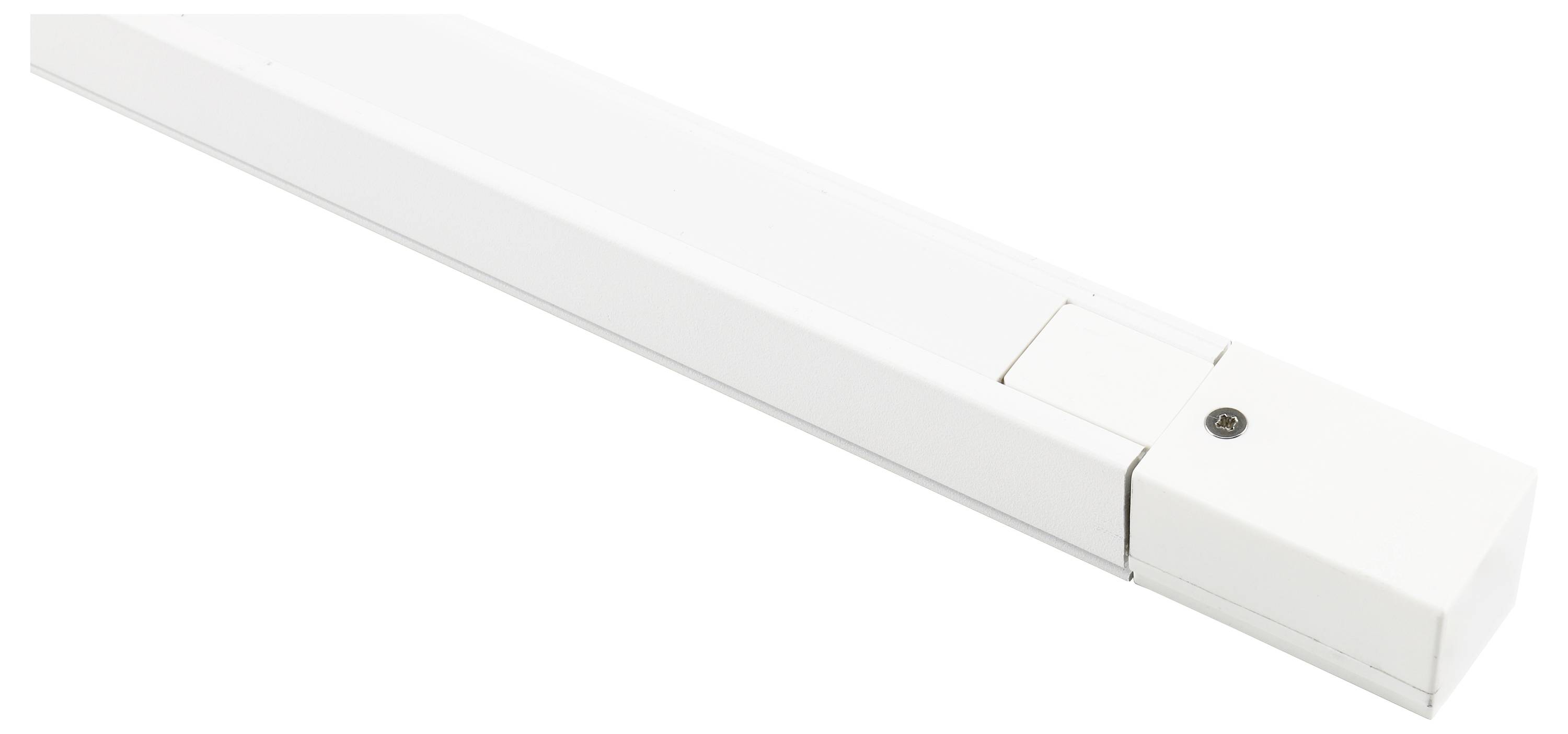 Langt, hvidt elektrisk hus til armaturmontering, typisk til brug i lofter eller vægge til belysning.