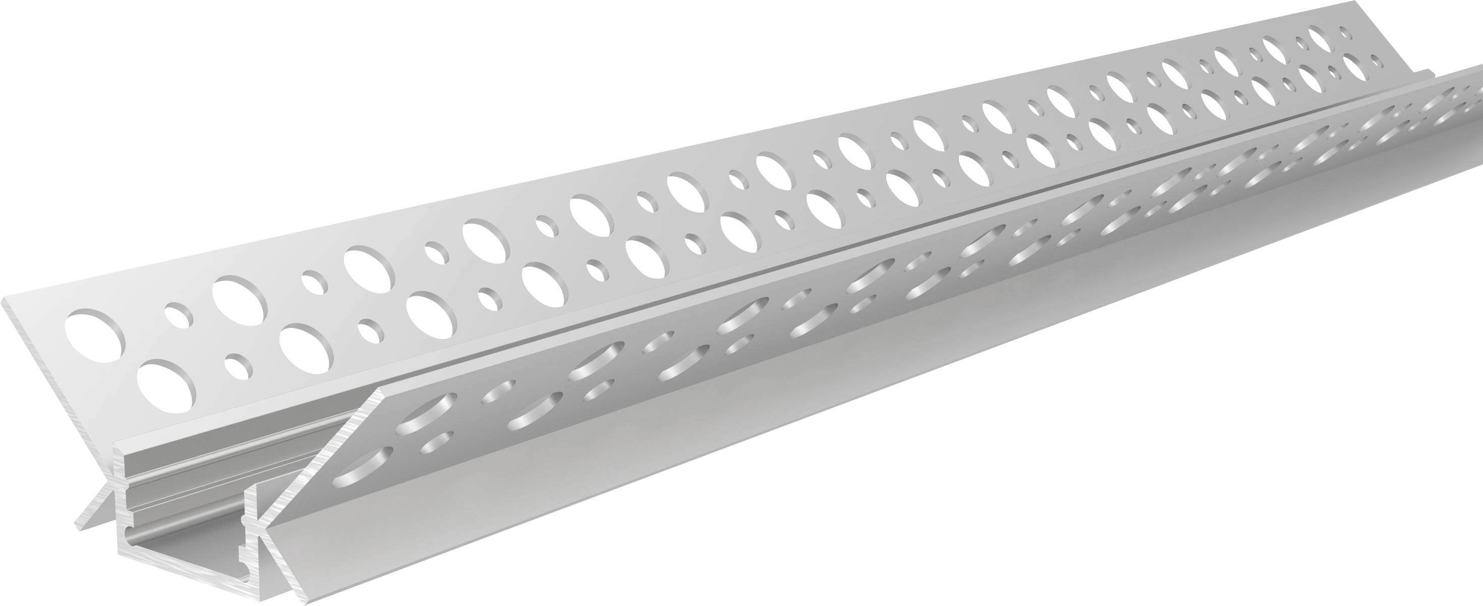 'Aluminium-pudsafslutningsprofil med runde huller, anvendt til rene kanter ved pudsarbejde.'