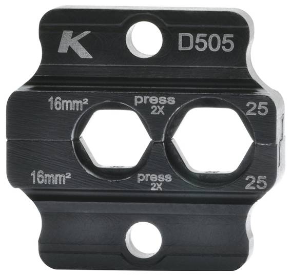 'K D505' metalplade med to sekskantede huller. Mærkninger inkluderer '16mm²', 'press 2x' og '25', som angiver specifikationer.